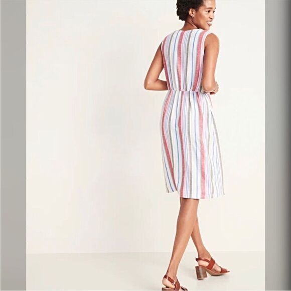 NWT Old Navy Striped Button-Front Linen-Blend Fit & Flare Dress for Women - Picture 3 of 4